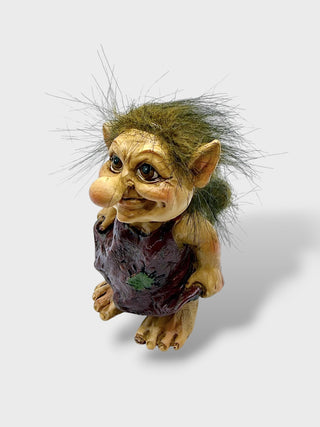 Hand-painted polyresin Icelandic troll lady figurine wearing a burgundy dress with fluffy hair, pointed ears, and a smiling face, 9 cm (3.54 in) tall.