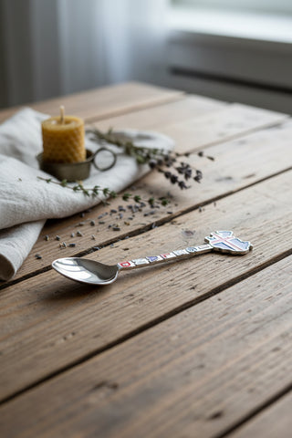Iceland souvenir spoon with Iceland map and Icelandic flag design, colorful Iceland lettering and silver-tone finish