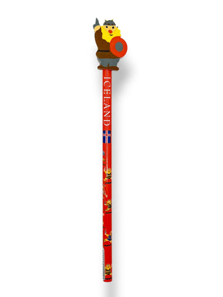 A red pencil decorated with Iceland-themed graphics, featuring a Viking warrior figure holding a shield on top and the word 'ICELAND' printed vertically.