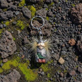 Funny Iceland Viking keychain with shield, helmet, beard, wild faux-fur hair and silver metal key ring