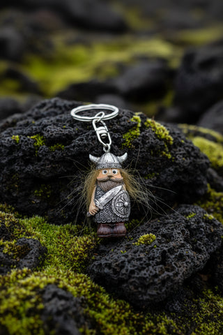 Funny Iceland Viking keychain with sword, horned-style helmet, beard, armour, wild faux-fur hair and silver key ring