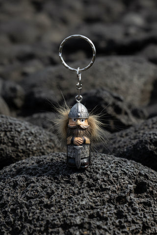 Funny Iceland Viking keychain with helmet, beard, sword, armour, wild faux-fur hair and silver key ring