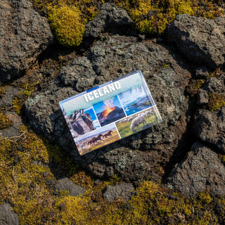Glitter Iceland souvenir magnet featuring waterfall, volcano, puffins, Icelandic sheep, Icelandic horses and Iceland lettering