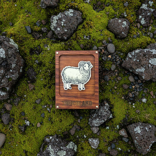 Glow-in-the-dark Iceland sheep magnet with wooden frame, ram illustration and I Love Iceland lettering