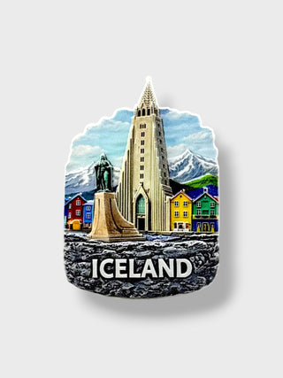 Reykjavík Iceland Ceramic Magnet – Hallgrímskirkja & Colorful Houses Souvenir