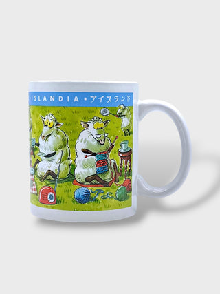 White ceramic Iceland mug with funny cartoon sheep knitting, relaxing and listening to the radio
