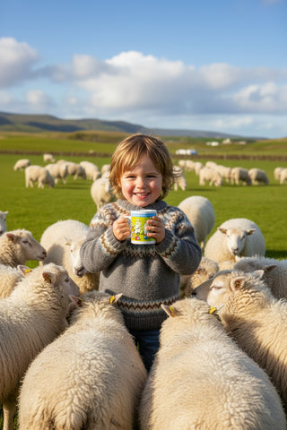 A white ceramic coffee mug featuring a colorful cartoon illustration of sheep knitting on a grassy field, with a blue banner at the top reading 'ISLANDIA • アルイー'.