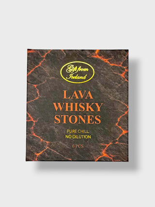 A rectangular product box for 'Lava Whisky Stones' from 'Isle from Iceland', featuring a dark brown and black lava-textured background with glowing orange cracks and orange lettering, set against a light gray background with a drop shadow.