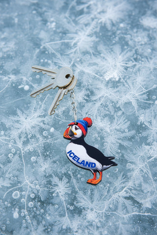 A puffin-shaped souvenir keychain from Nordic Souvenirs, attached to a brown cardboard hanger card. The puffin is black and white with orange and blue accents, wearing a blue hat and standing on orange feet, with the word 'ICELAND' embroidered on its side.