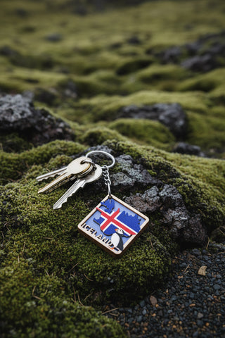 An Iceland-themed keychain with a penguin and flag design, attached to a gold-tone split ring and displayed on a brown cardboard backing card labeled 'Nordic Keychains'.