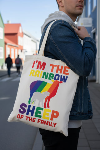 Natural cotton tote bag with colorful rainbow Icelandic sheep and the quote "I'm the Rainbow Sheep of the Family" – funny reusable Iceland souvenir shopping bag