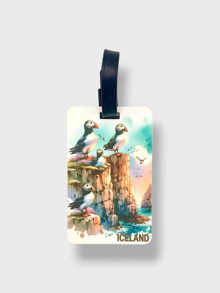Iceland puffin luggage tag featuring colourful puffins on Icelandic sea cliffs with Iceland lettering