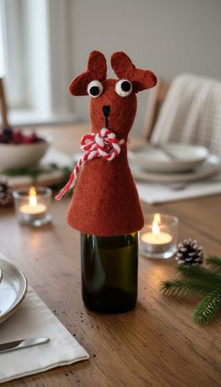 Handmade Wool Egg Warmer / Bottle Cover – Curious Reindeer Edition