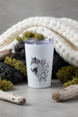 Tumbler with a horse and leaf design on a white background