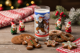 Iceland Yule Lad glass milk cup with colorful winter folklore illustration and snowy mountain background, Iceland souvenir drinking glass.